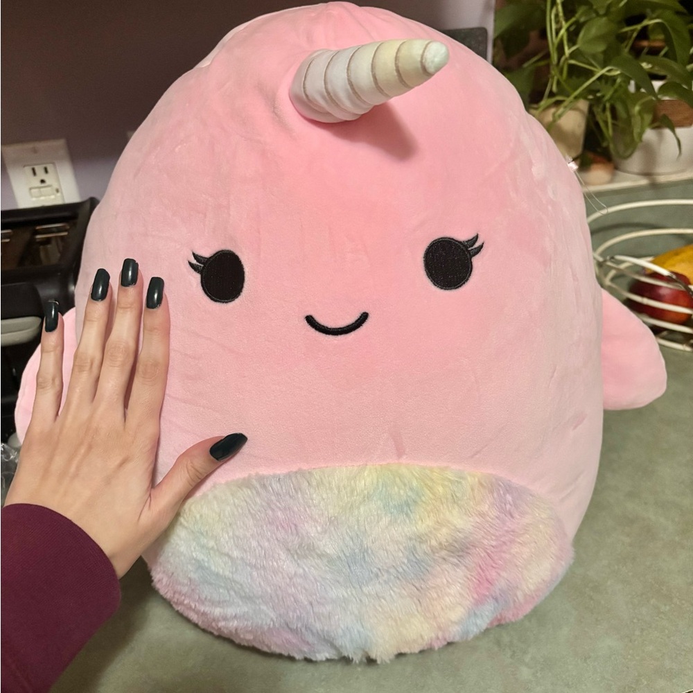 Plush Pink Narwhal Stuffed Animal with Rainbow Belly